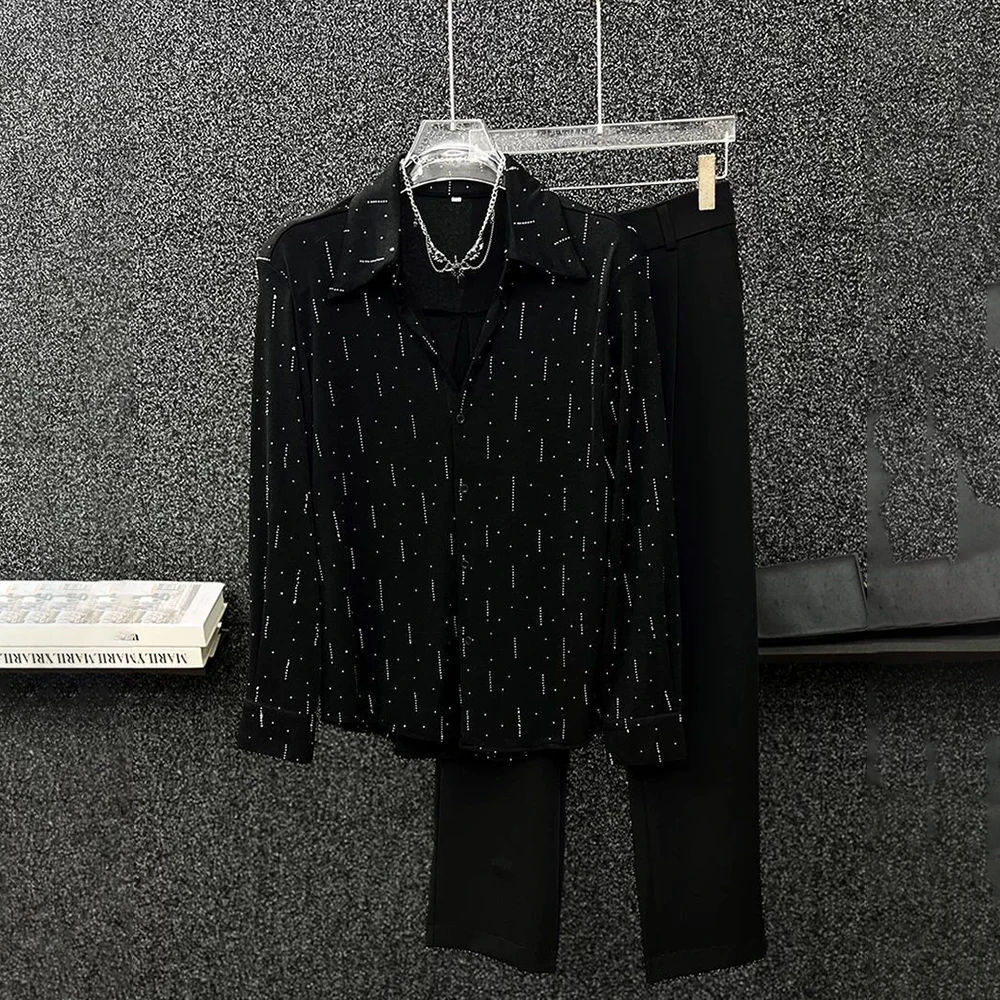 2025 Summer New Men's Hot Diamond Long Sleeve Shirt Korean Fashion Trend High Street Loose Niche Breathable Casual Men's Tops