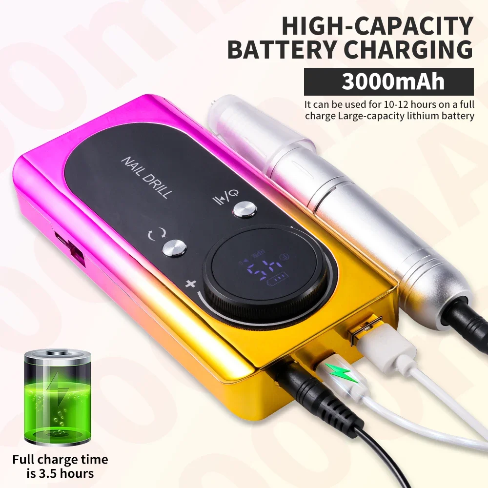 45000RPMネイルドリルマシンキット充電式電動ポータブルネイルサンダーファイルジェルネイル研磨用マニキュアサロン家庭用