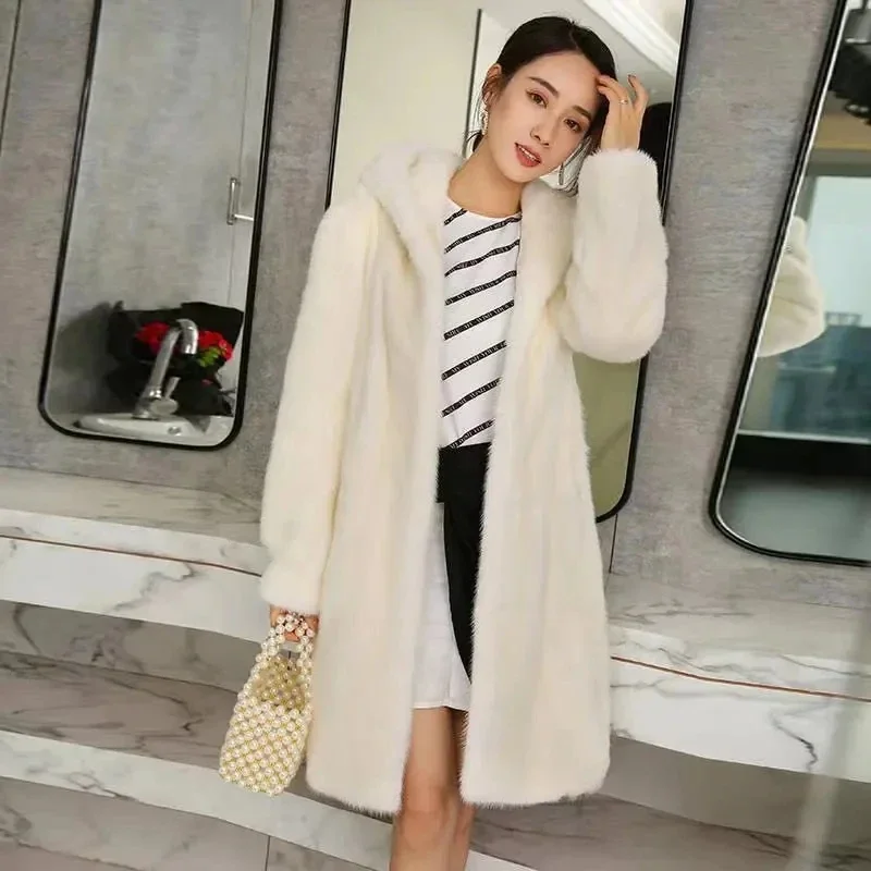 Pop 2024ผู้หญิงใหม่ฤดูหนาวWarm Hooded JacketเลียนแบบMink Fur Coatหญิงกลางยาวเสื้อขนสัตว์Minkหญิงขนาดใหญ่แม่Winte