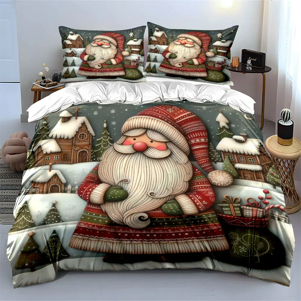 Santa Claus with gifts in a snowy village scene Print Duvet Cover Bedding Set Included 1*Duvet Cover 2*Pillowcases