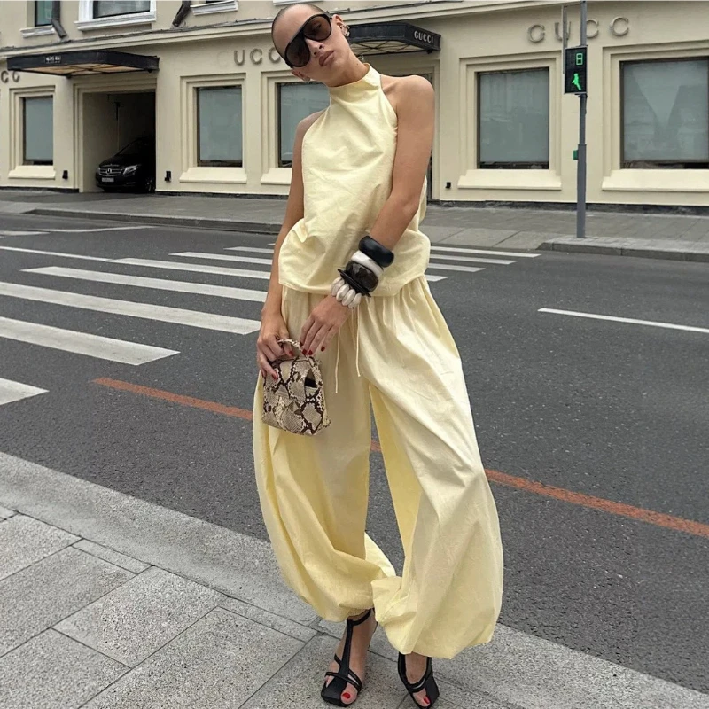 Typhaland Casual Top Bloomers Set Women's Sexy Halter-Neck Sleeveless Top Solid Loose Wide-Leg Balloon Pants Set 2026Summer New view 5