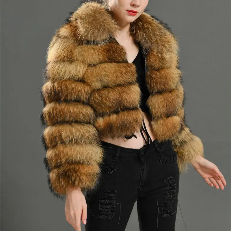 New Winter Women's Short Fashion Zipper Collar Raccoon Coat 2024