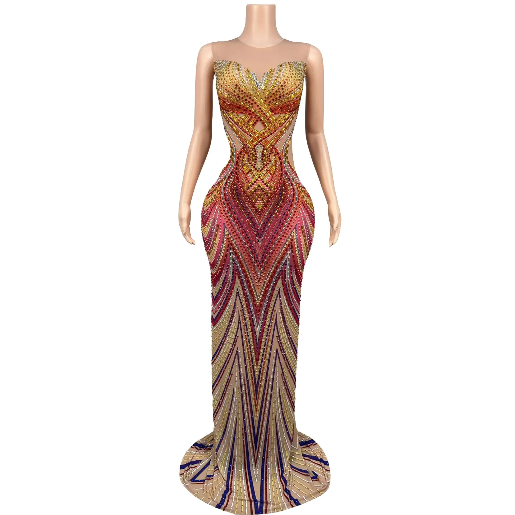 Fenghuang Luxury Multi-Color Rhinestone Nude Mesh Sleeveless Mermaid Dress Formal Evening Wedding Guest Gown