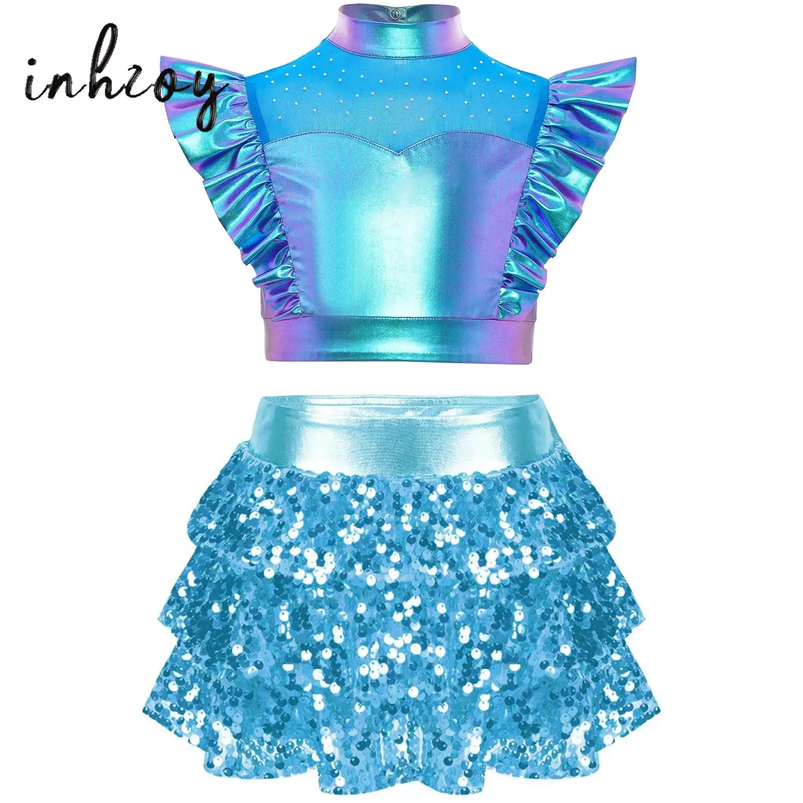 

Kids Girls Jazz Dance Outfit Sparkly Rhinestones Metallic Sleeveless Crop Top+Sequins Tiered Ruffled Culottes Skirt for Hip-Hop