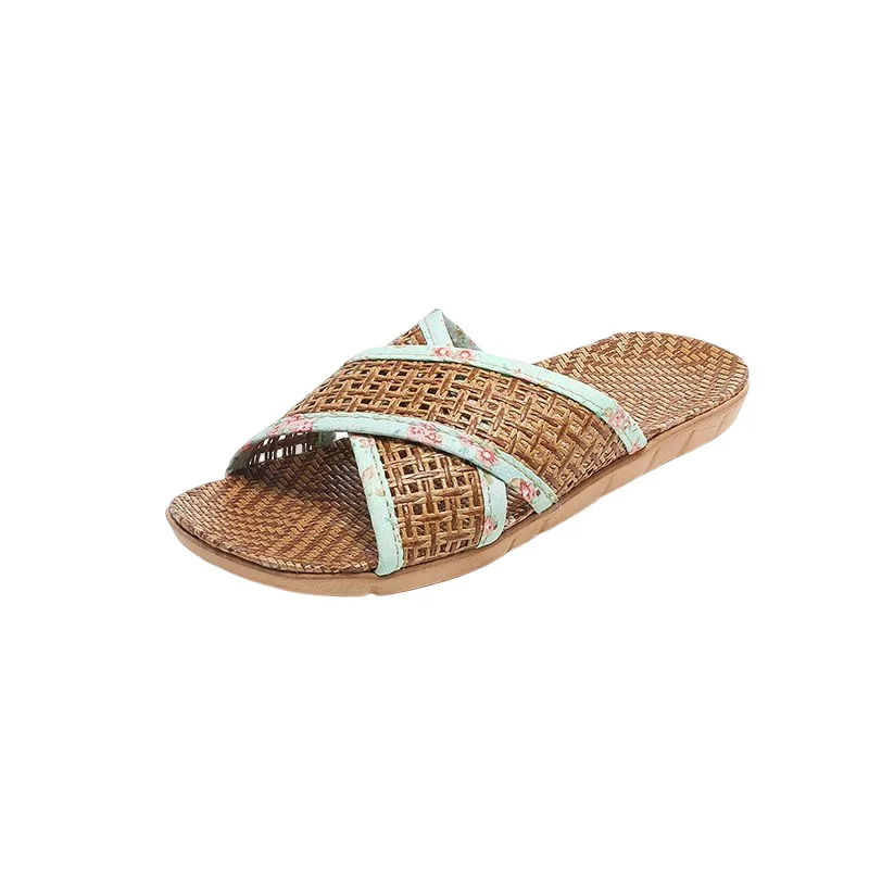 2023 Linen Embroidered Flower Rattan Grass Hand-Woven Home Indoor Men And Women\'S Non-Slip Cotton Linen Cool Slippers Natural