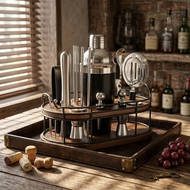 Home Hero Bartender Kit 22-Piece Stainless Steel Cocktail Shaker Bar Tool Set Wooden Stand Display Bar Cart Accessories Recipe