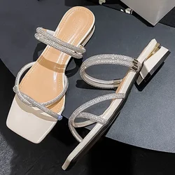 Women 2.5cm High Heels Leisure Daily Slides Lady Fashion Bling Sequin Cross Belt Square Heels Slippers Female Nightclub Sandals