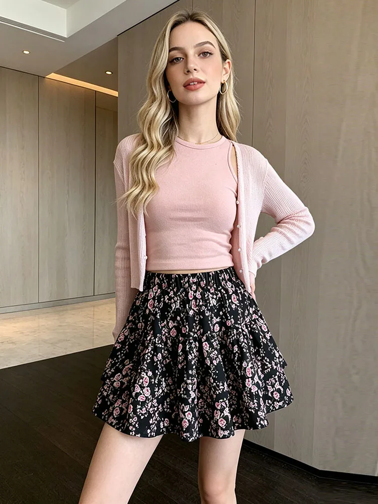 Women's Boho Floral High Waist Mini Skirt Tiered A-Line Ruffle for Summer Beach Vacation Party Outfit