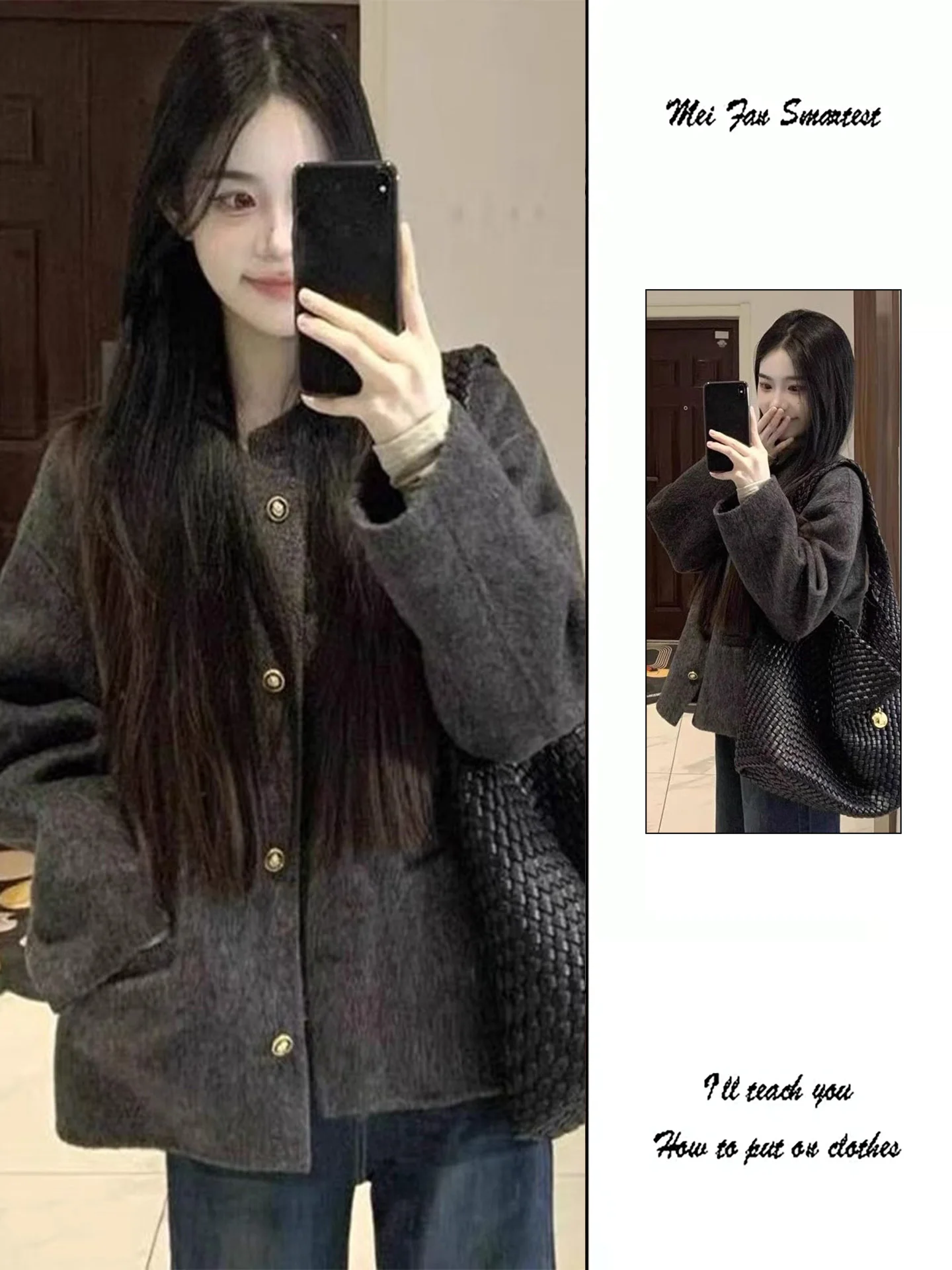 Gray Woolen Short Coat Women's Thickened Autumn Winter Fashion Casual Style Korean Laid-back Style Coat for Small Figures