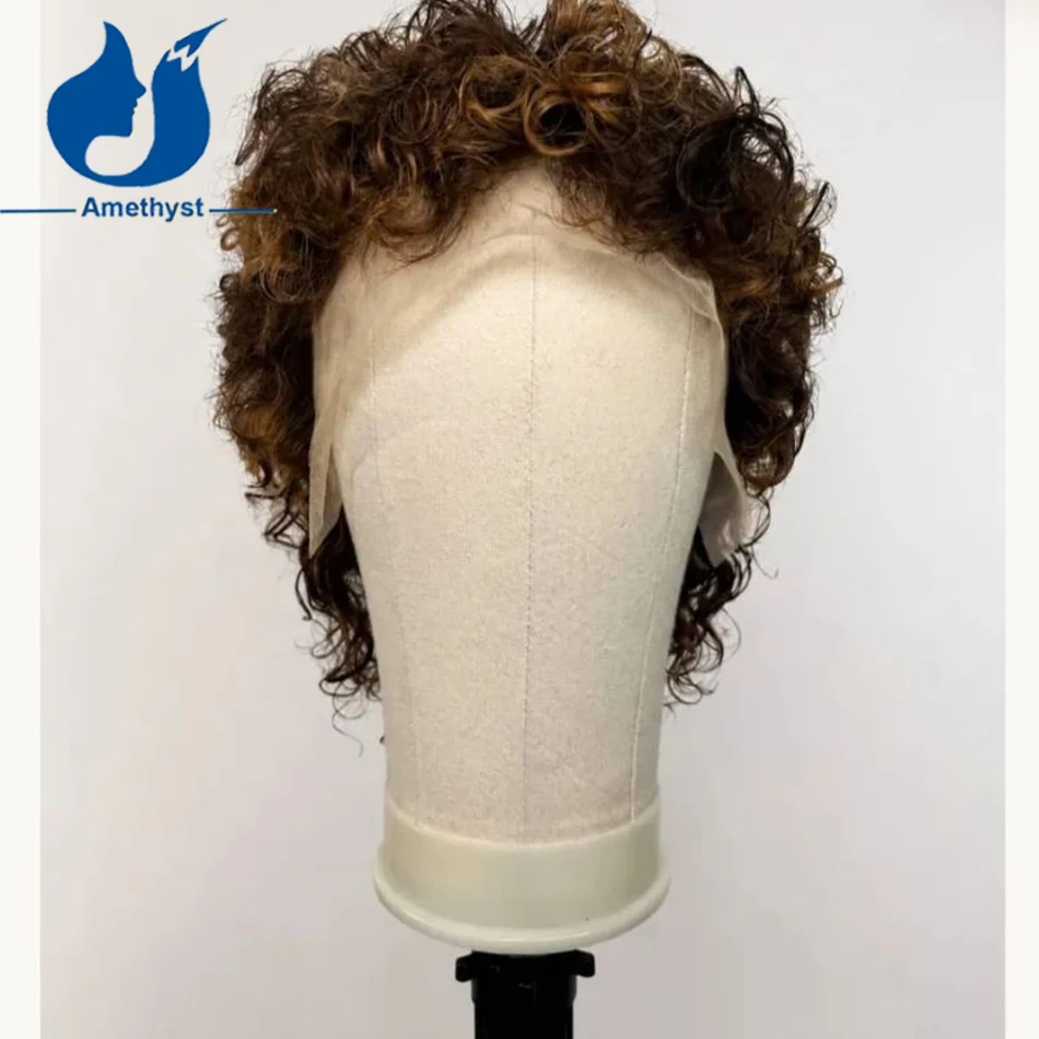 Amethyst Chocolate Brown with Highlights Curly Mullet Wig Short Cut for Men Remy Human Hair 13x6 Lace Front Wig Pre Plucked