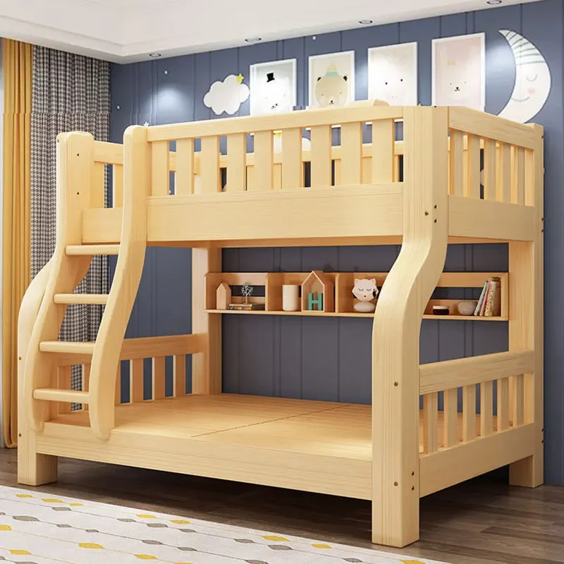 SeaMind Morden Doppeldecker-Etagenbett aus massivem Kiefernholz, hohes, niedriges Mutter-Kind-Bett, oberer/unterer Schlaf, zweilagiger Kleiderschrank, Babybetten