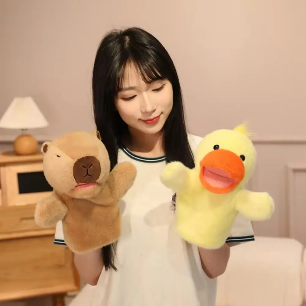 Marioneta de mano de rana Kawaii para contar historias, pato de peluche, tiburón, juguetes, boca móvil suave, marioneta de mano para dedo, regalo para chico