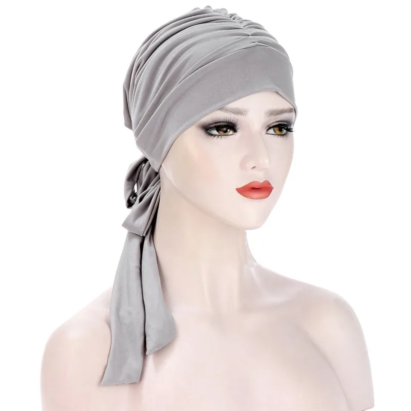 Solid Long Tail Bow Turban Hat Elastic Headwrap Scarf Beanies Hat India African Headband Muslim Hijab Ladies Night Cap