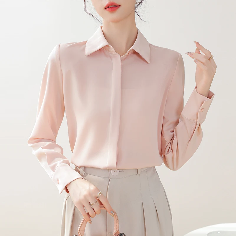 

Spring Autumn Casual Satin Shirts Women Office Lady White Shirts Fashion Female Long Sleeve Loose Solid Blouse Tops