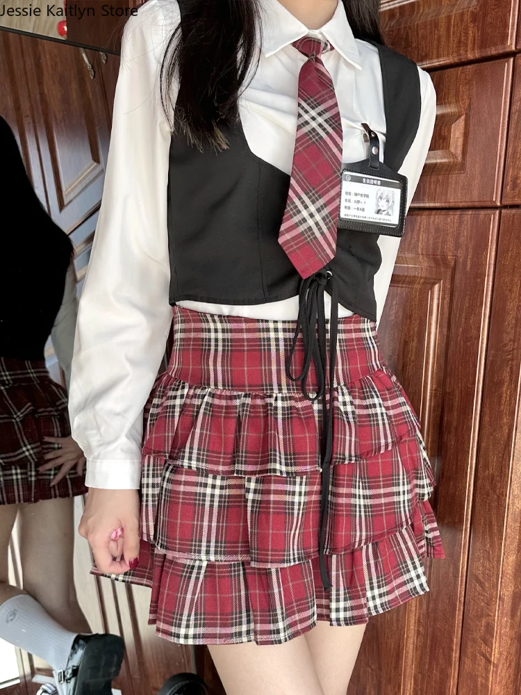 Japanese Kawaii School Uniform Women Autumn Korean Cute College Girl Cosplay JK Uniform Long Sleeve Shirt and Plaid Skirt Set