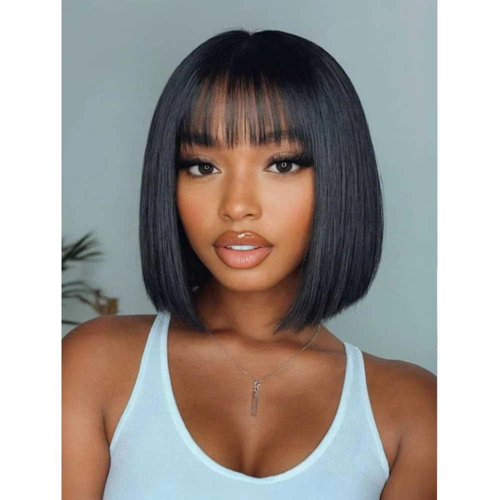 Straight Short Human Hair Bob Wig with Full Bangs Natural Looking Full Machine Made Short Black Blunt Cut Bob Wig for Daily Wear