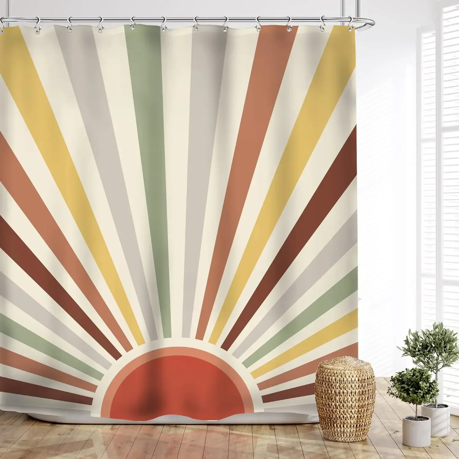 Bohemian Abstract Minimalist Shower Curtain Sunset Medieval Sun Modern Rustic Geometric Brown Orange Bathroom Decor