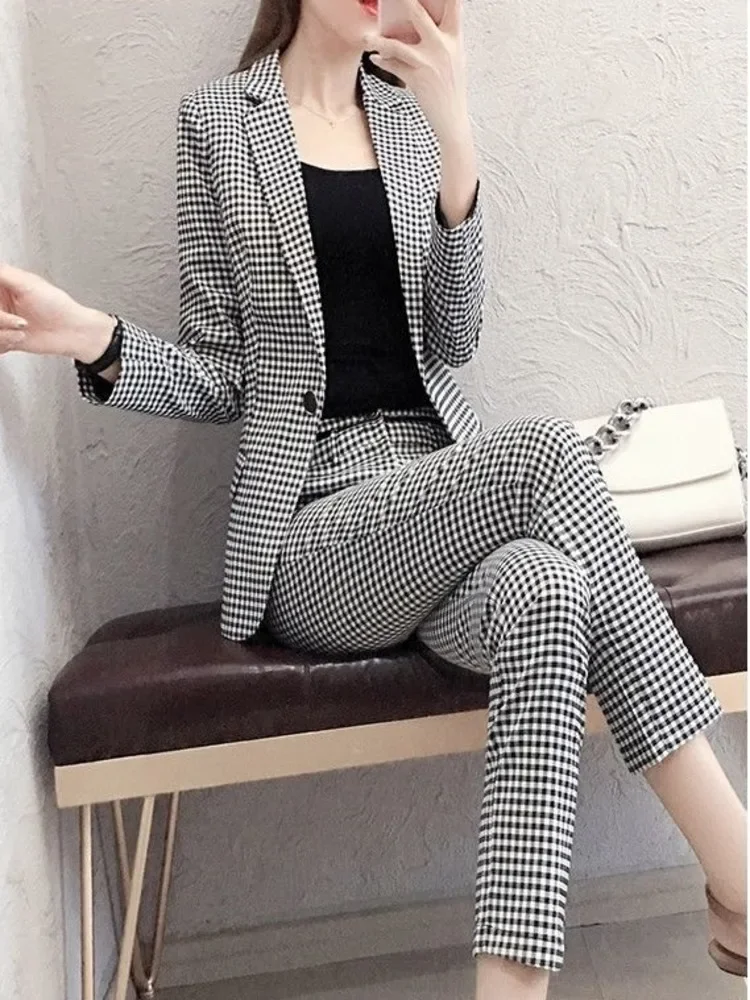 Setelan kotak-kotak wanita, Blazer celana kaki celana kotak-kotak wanita elegan 2 potong, Blazer Single Breasted kasual bisnis kantor Vintage mode baru LU120