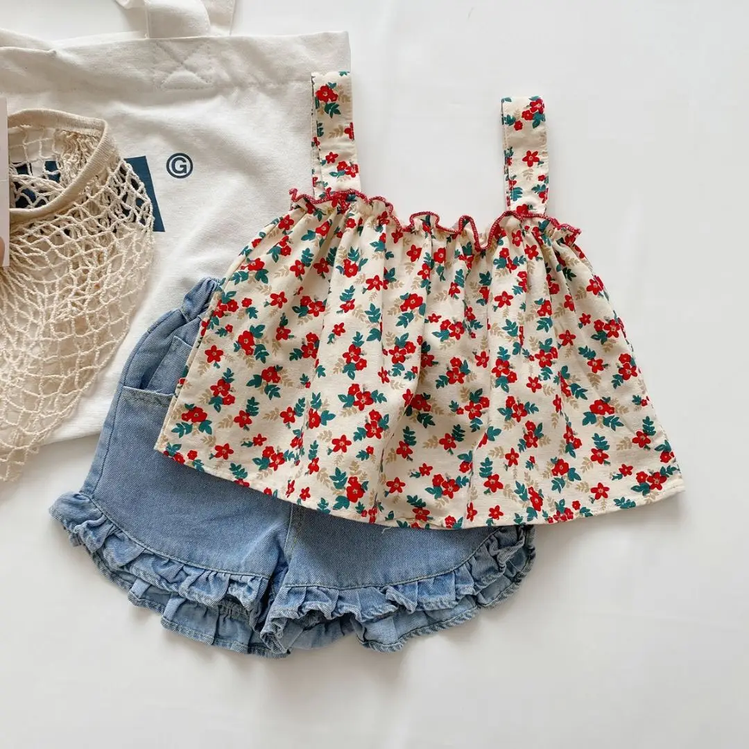 

Girls Outfit Sets Summer Kids Casual Clothing For Girls Checked Straps+Jean Shorts Children's Baby Girl Clothing