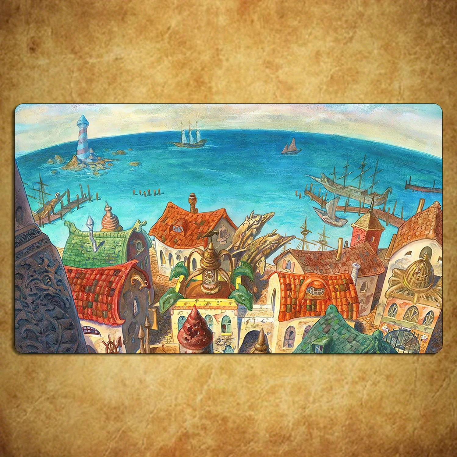 

Playmat Vibrant Mediterranean Town Scene Rubber Rules Zones Trading Card Game Accessory Office Carpet Table Cushion Deskpad