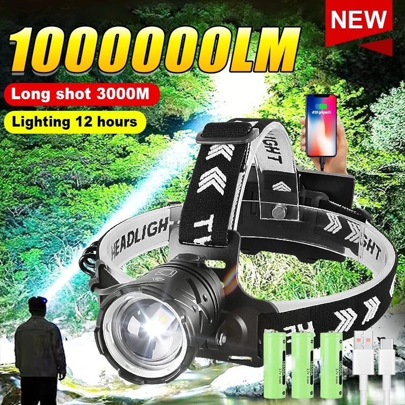 1000000LM Most Powerful Headlamp 18650 Rechargeable High Power LED Head Flashlight Fishing Head Lantern Professional Front Light