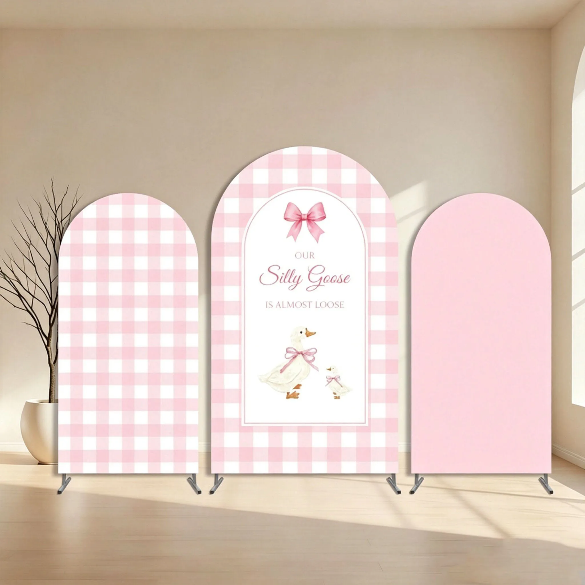 Custom 2-Side Our Silly Goose is Almost Loose Baby Shower Arch Backdrop Cover Girl Pink Checked Duck Birthday Party Decor