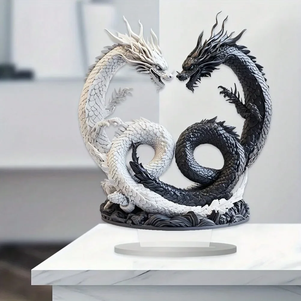 Bohemian Yin Yang Double Dragon Acrylic Desk Decor 9.84
