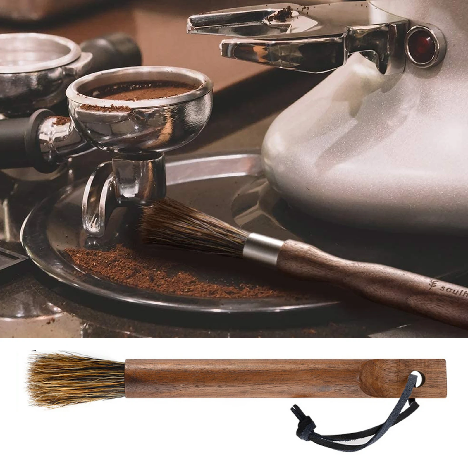 

Professional Coffee Brush, Natural Bristle Coffee Grinder Brush, Walnut Handle Espresso Brush with Lanyard for Barista