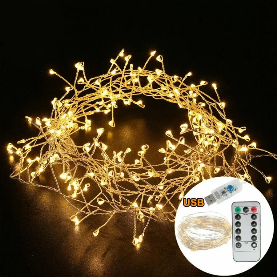 Natal LED Fairy String Lights, 8 modos, impermeável, fio de cobre, bombinha, guirlanda, feriado, festa, decoração do casamento