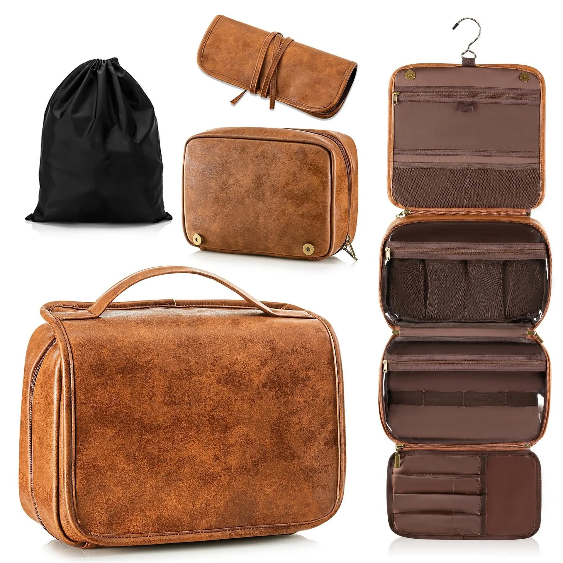 Horizontal men's and women's crazy horse skin wash bag, travel and business multifunctional large capacity makeup bag