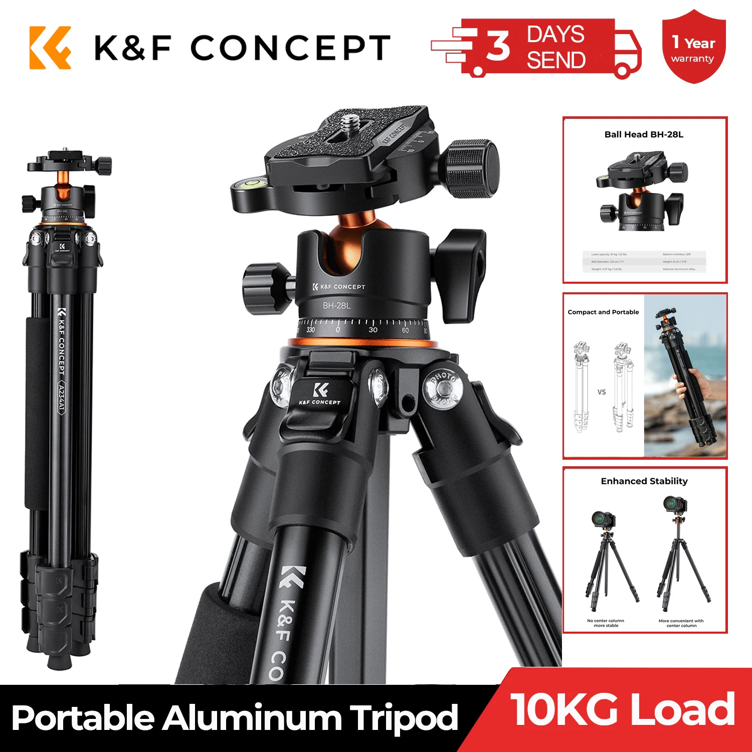 

K&F Concept Portable Camera Tripod Lightweight 10kg/22.04lbs Load Capacity 62''/160cm Aluminum DSLR Tripods Travel Quick Release