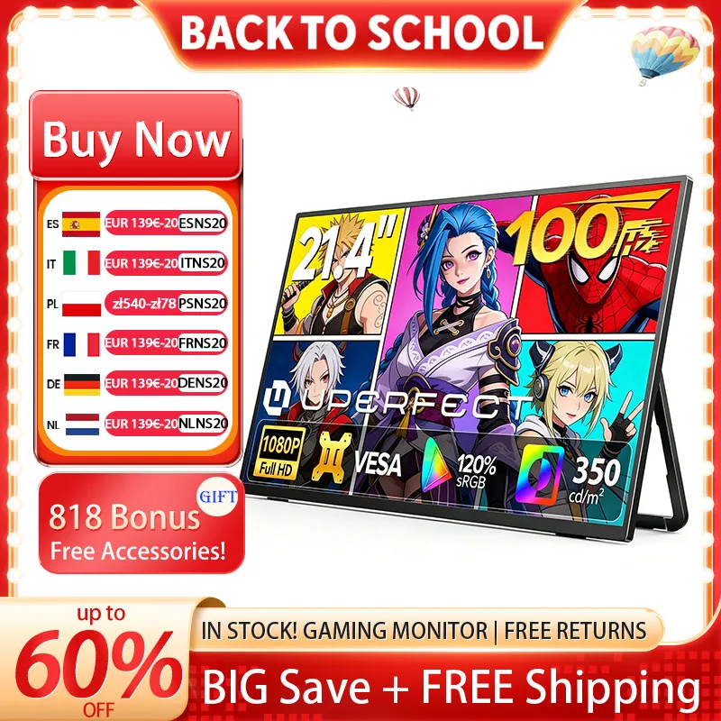 UPERFECT 21,4" tragbarer Monitor 100Hz 1080P FHD VA Freesync 120% sRGB USB-C HDMI Plug And Play Gaming-Bildschirm Externes Display Dual Lautsprecher Verstellbarer Ständer für PC Laptop Mac Telefon