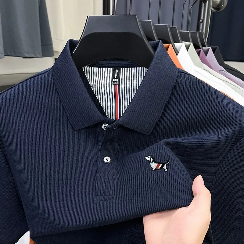 

100% cotton men's short-sleeved casual summer polo shirt with embroidered patterns, collar and button design.