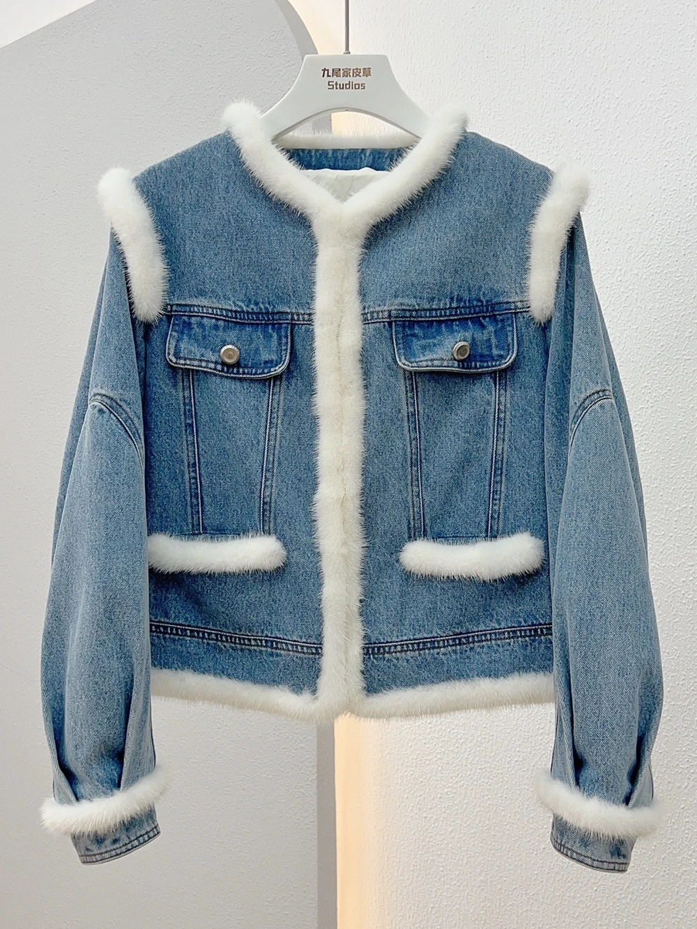 

2023 Autumn Winter Women's Denim Goose Down Coats Natural Real Mink Fur Collar Outwear Luxury Female Jacket