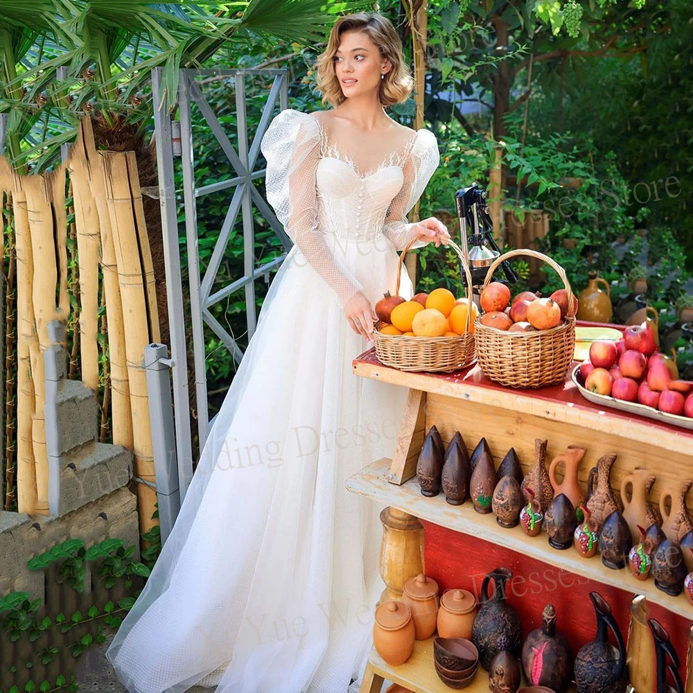 Vestidos De novia bohemios elegantes con Apliques De encaje, manga larga abullonada, escote Corazón, tul, mujer