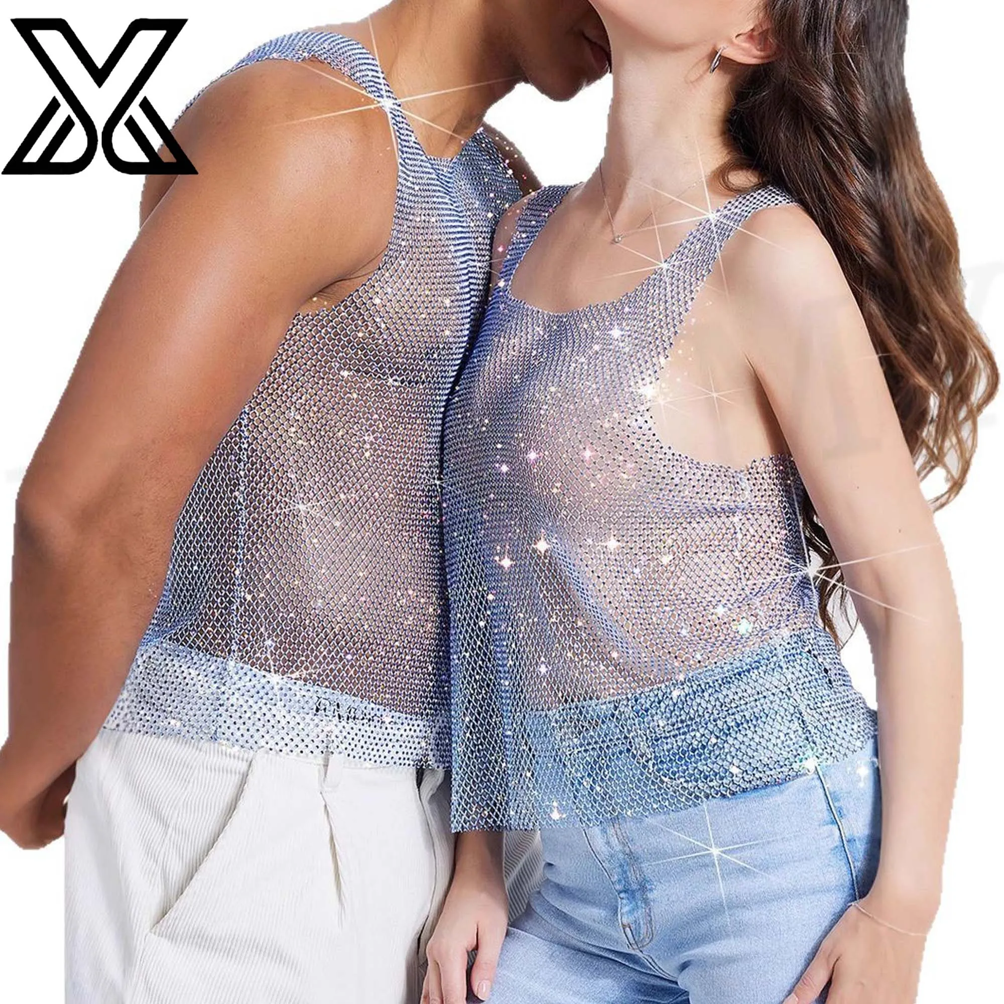 

XMJXMY Sparkling diamond perspective sexy fishing net with full diamond beach, wearing sleeveless top vest for couples