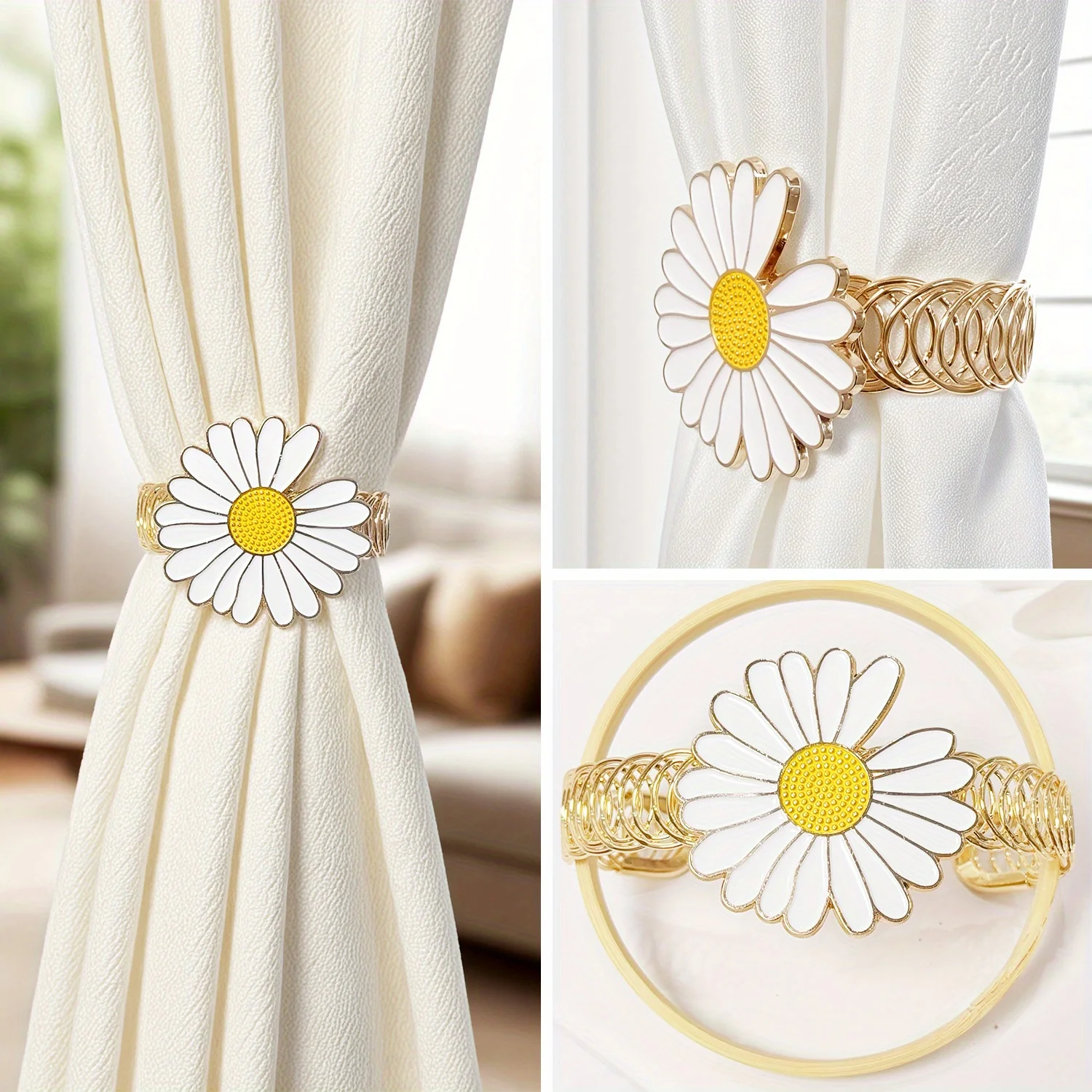大きなデイジーの金属カーテンフック2個、リビングルーム、寝室、書斎の装飾に最適、耐久性とファッショナブルなカーテン固定