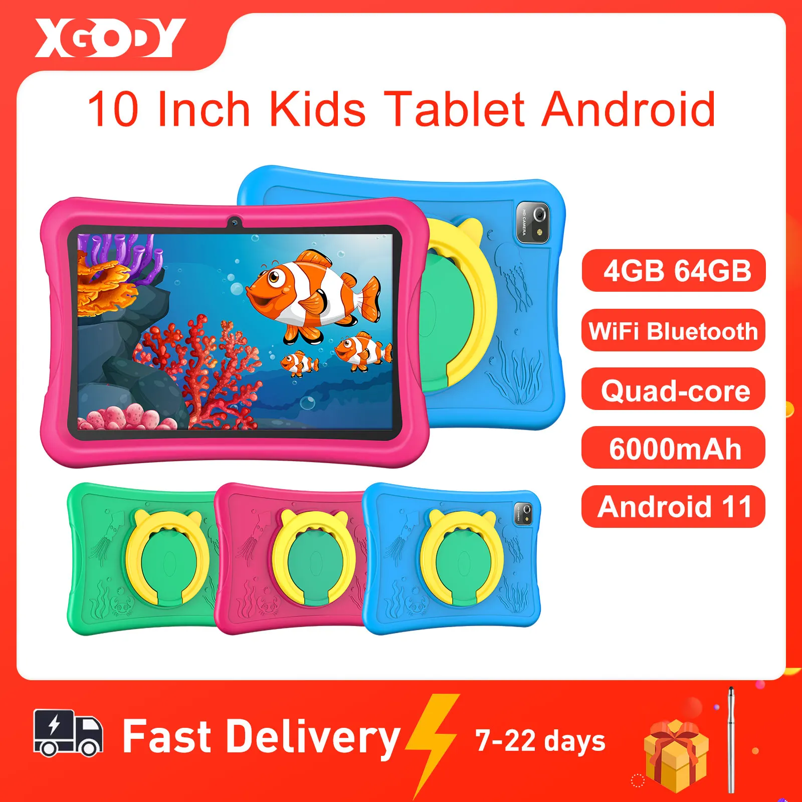 XGODY Tablet Andoird 10 inci untuk anak, hadiah belajar pendidikan 4GB RAM 64GB ROM PC Tipe C anak-anak dengan kotak pelindung lucu