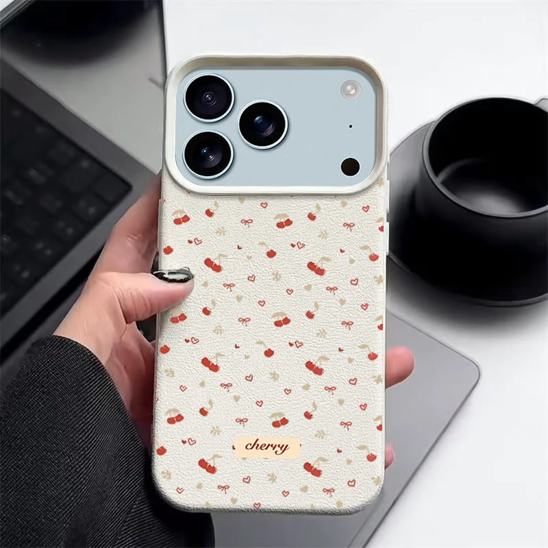 Little Cherry Handyhülle für iPhone Air 17 16 15 14 13 12 Pro Max 17 12 Pro 11 16e Lederstruktur TPU Silikon stoßfeste Abdeckung
