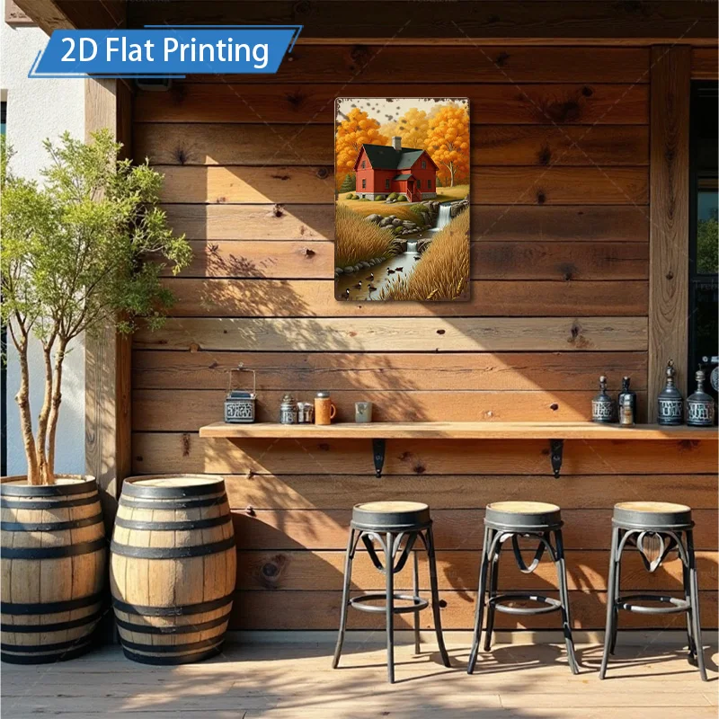 1 ชิ้น 8x12 นิ้วป้ายโลหะรัสติกเรดเคบินในฤดูใบไม้ร่วงภูมิทัศน์ป้ายโลหะตกแต่งศิลปะ