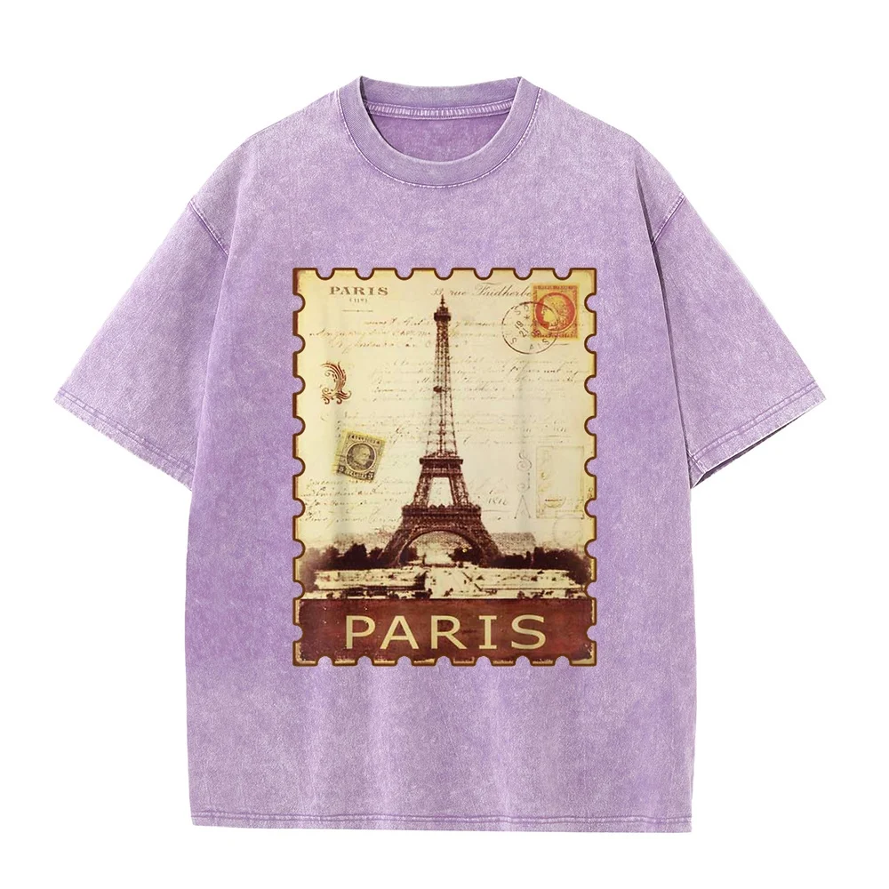 Eiffel Tower Stamp Vacation Vintage Paris France Souvenir T-Shirt T Shirts Men Clothes Men's Autumn Clothing Unisex Graphic Tee