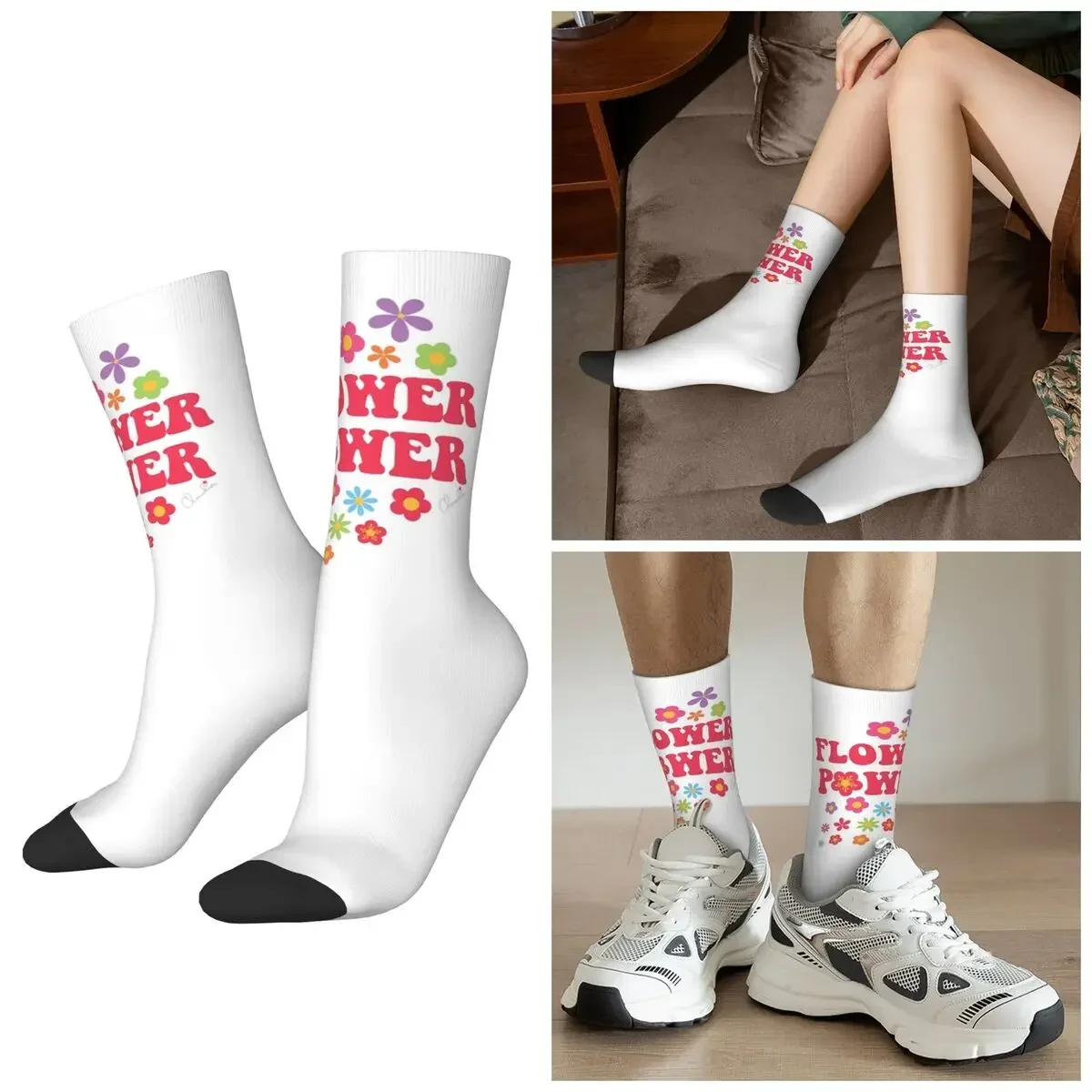 All Seasons Colorful Flower Power Seamless Pattern Socks Harajuku Sport Middle Tube Socks Casual Stockings Valentine's Day Gifts