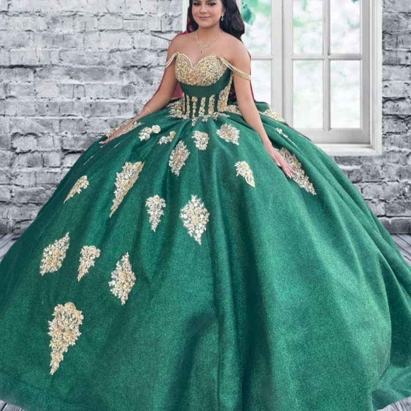 

Green Shiny Quinceanera Dresses Off The Shoulder Gold Applique Lace Beads Corset Party Birthday Sweet 16 Dress Vestidos 15 Anos