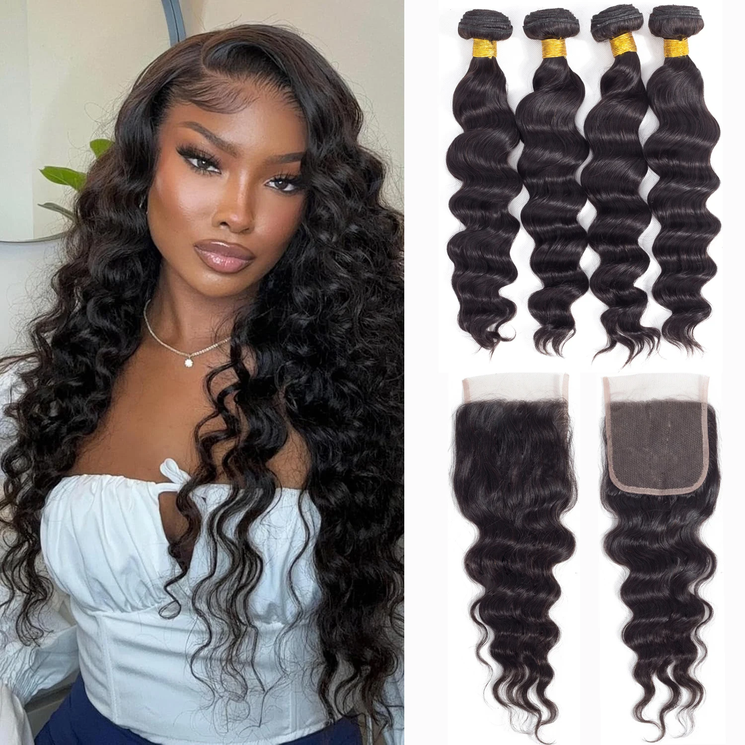 

12A Human Hair Bundles with Closure Loose Wave Brazilian Virgin Human Hair Weave Bundles with 4x4 Lace Closure Natural Black