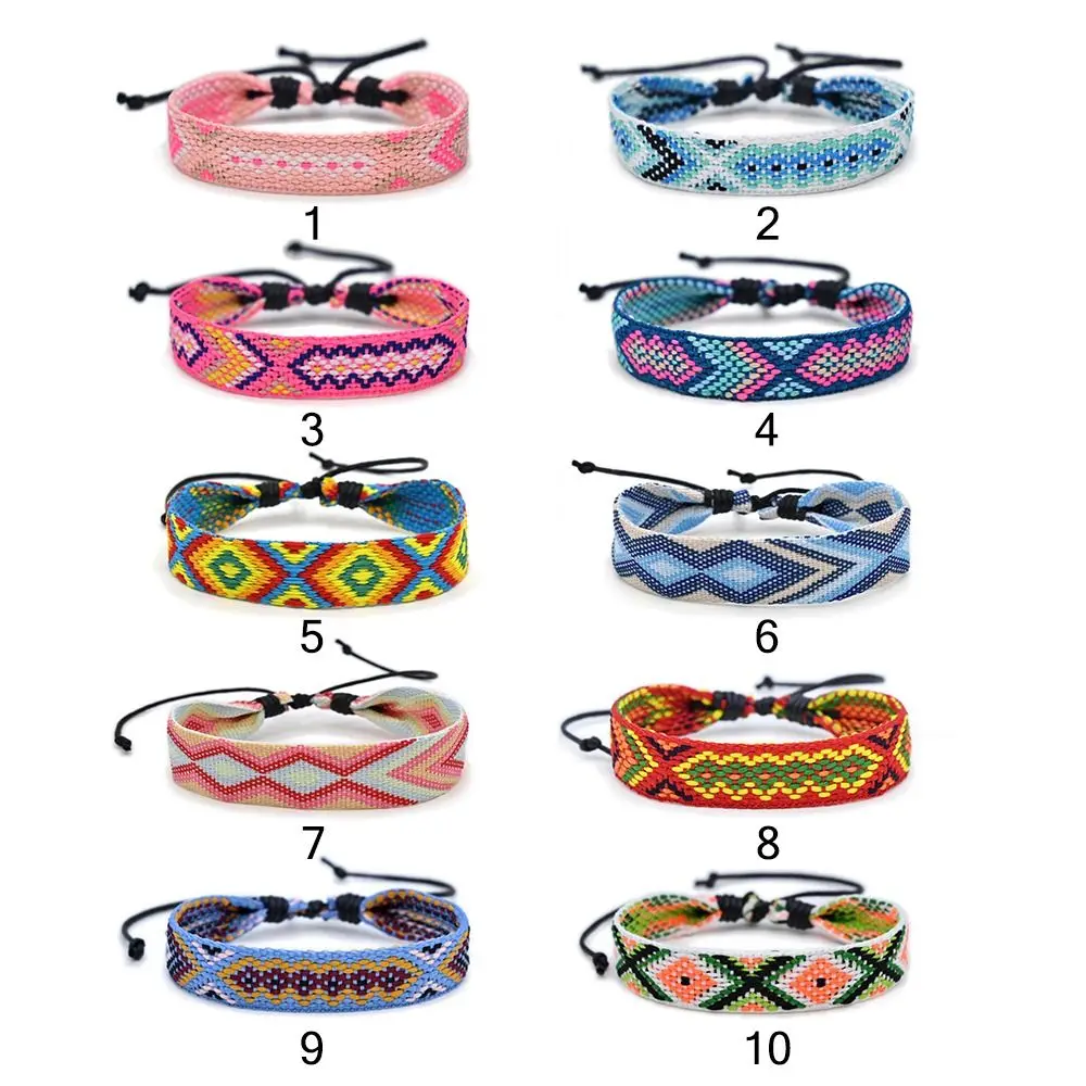 Multicolor Colorful Webbing Bracelets Ethnic Style Geometry Pattern Fabric Art Bracelet Vacation Color Matching Weave Hand Rope