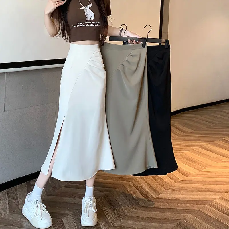 

Commute Elegant Slim Mermaid Skirts Summer New Stylish Split Asymmetrical Women's Clothing Solid Color Basic Bag Hip Midi Skirts