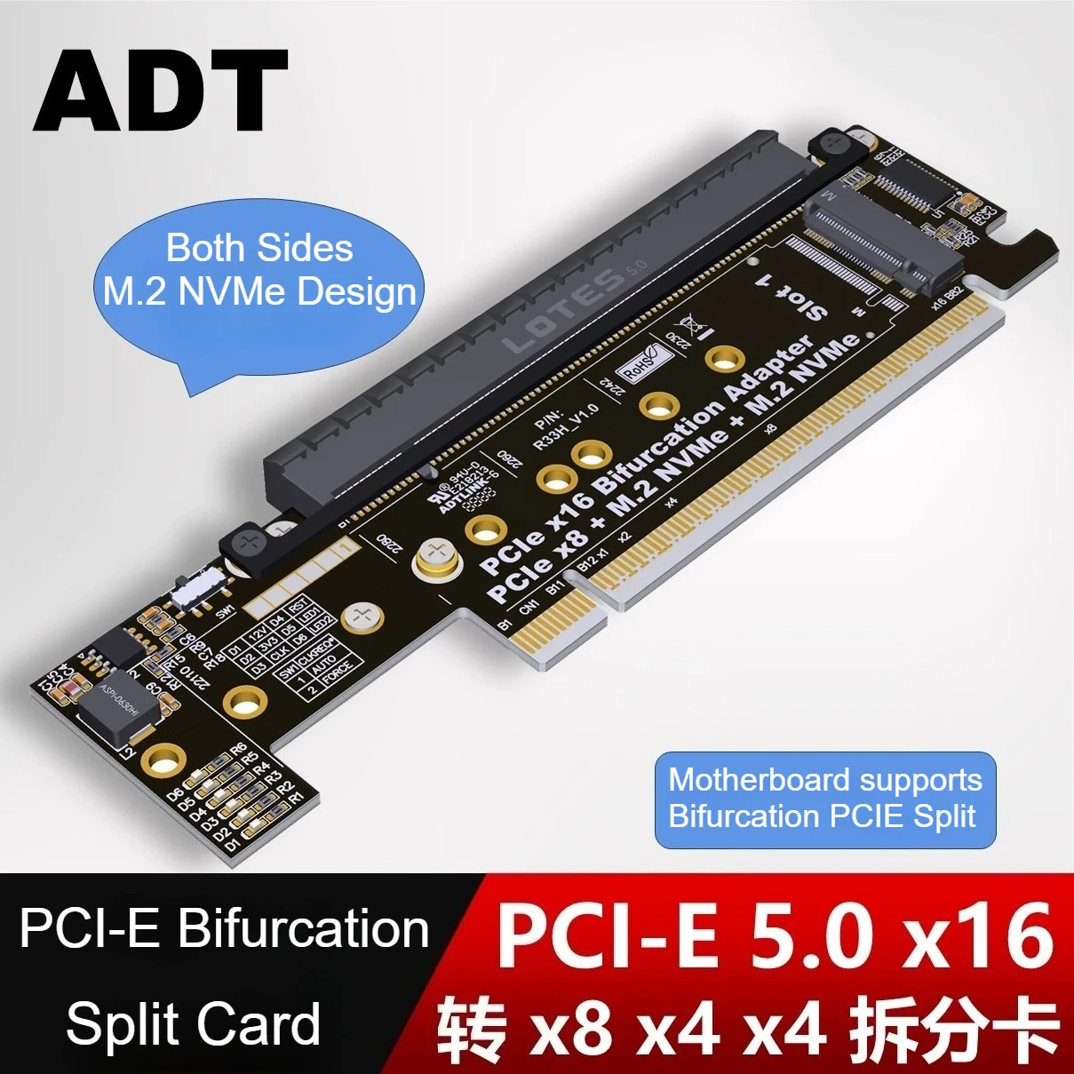 

Разделенная плата адаптера расширения PCIe 5,0 X16 к X8+X4+X4, разделительная карта GEN5 Riser, разделенная карта полной высоты для 22110-2230 M.2 NVMe SSD