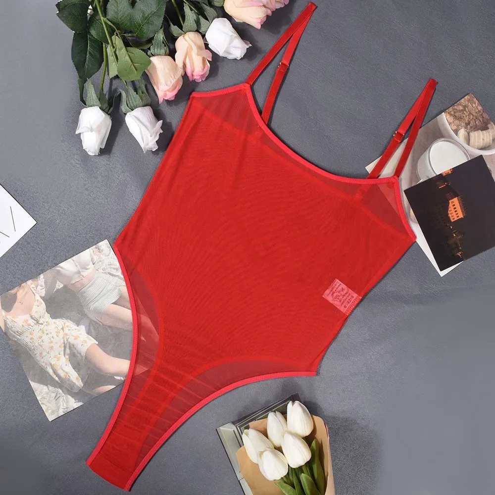 

Fashion Mesh Hollow Mesh Bodysuit Spicy Girl Style Solid Color Mesh Sheer Jumpsuit Pajamas Sleeveless Women Lingerie Home