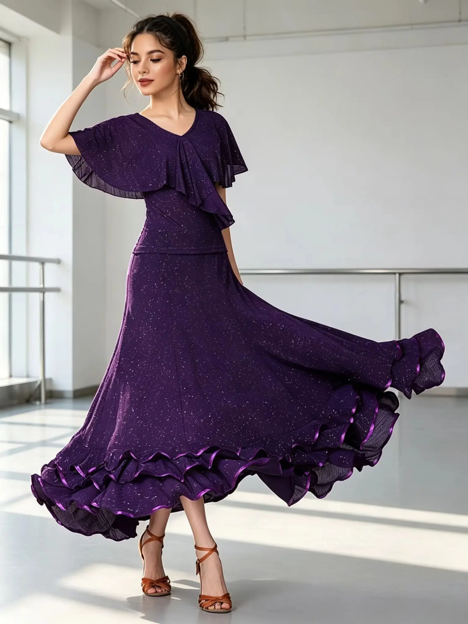 

Women's Flamenco Dance Set V Neck Cape Short Sleeve Ruched Waist Sparkle Mesh 360° Long Maxi Skirt Ballroom Latin Performance