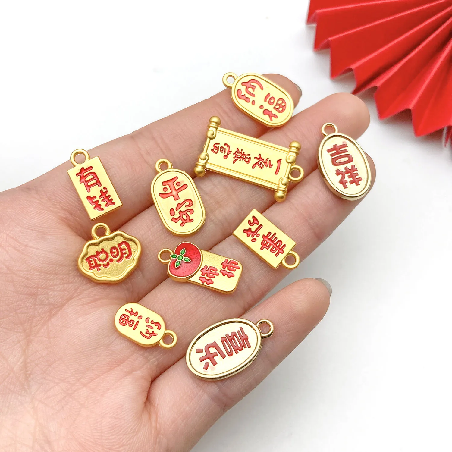 5/10pcs Red Enamel Chinese New Year Charms Alloy Lucky Blessings Pendants for DIY Bracelets Necklaces Jewelry Making Accessories